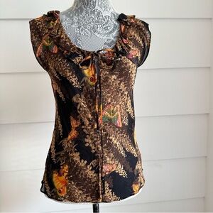 Vintage Y2K Rayon Sleeveless tank with Ruffle Trim Butterfly Print XS/S